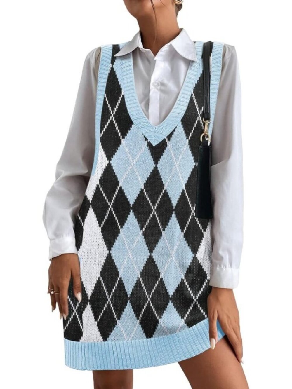 🆕Hotouch Womens Blue Argyle V Neck Sleeveless Knitwear Pullover Vest Sweaters